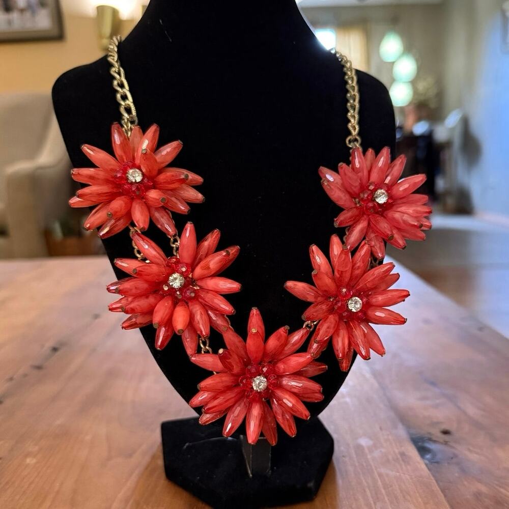 Coral Statement Necklace • Big Floral Clusters • Rhinestone Centers • Extender